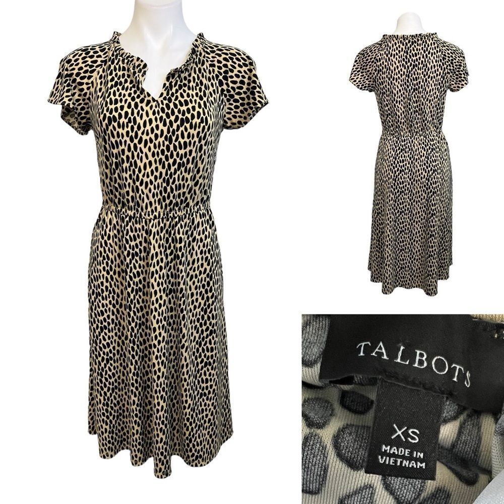 Talbots dress xs tan black animal print sheath‎ knee length office church -1